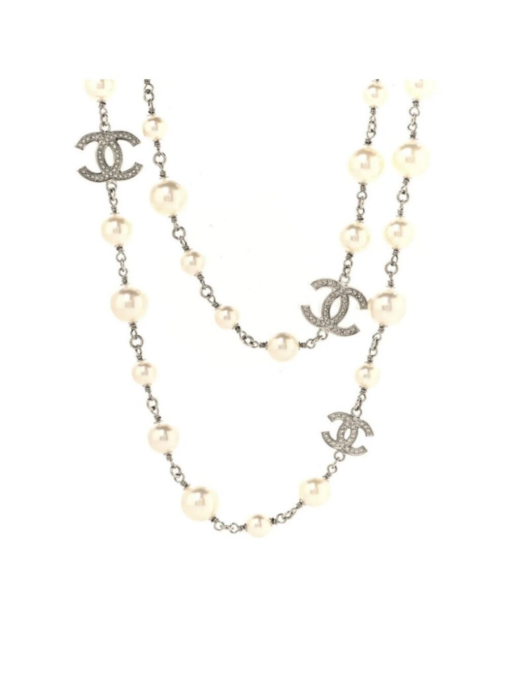 CHANEL Graduated Pearl Crystal CC Long Necklace Silver